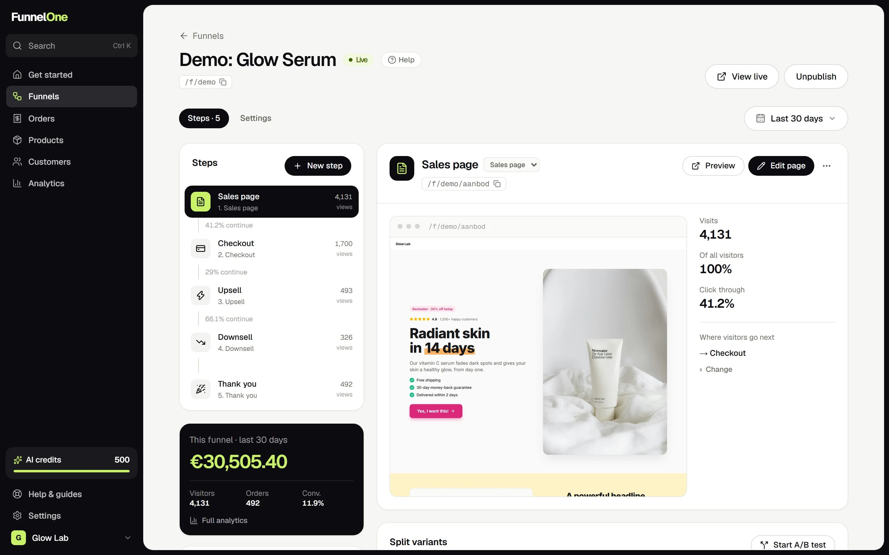 FunnelOne funnel flow: Every step of the funnel in one view, with its numbers, routes and A/B variants.