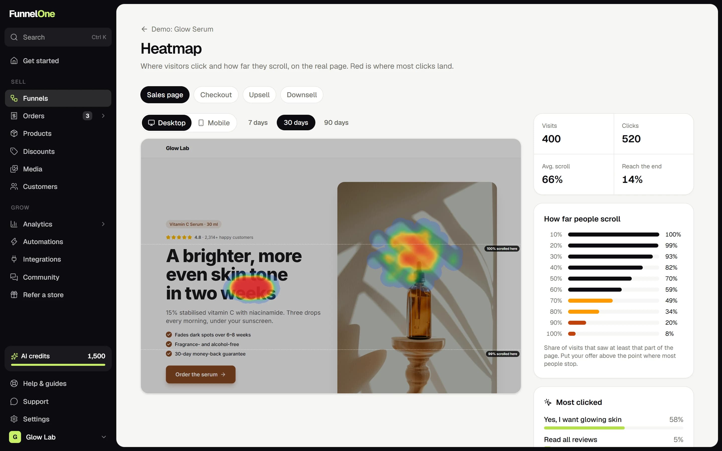 Click heatmap and scroll depth on a sales page