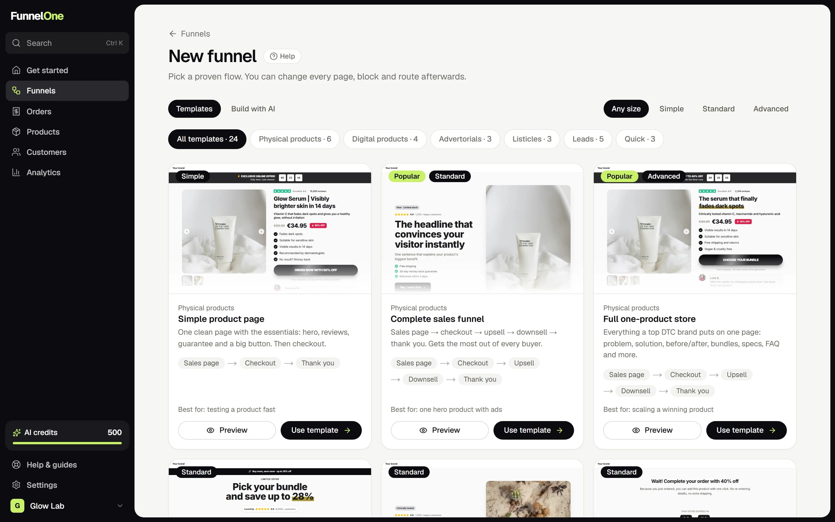 FunnelOne templates: Start from 24 ready-made funnels: product pages, advertorials, listicles, lead magnets.