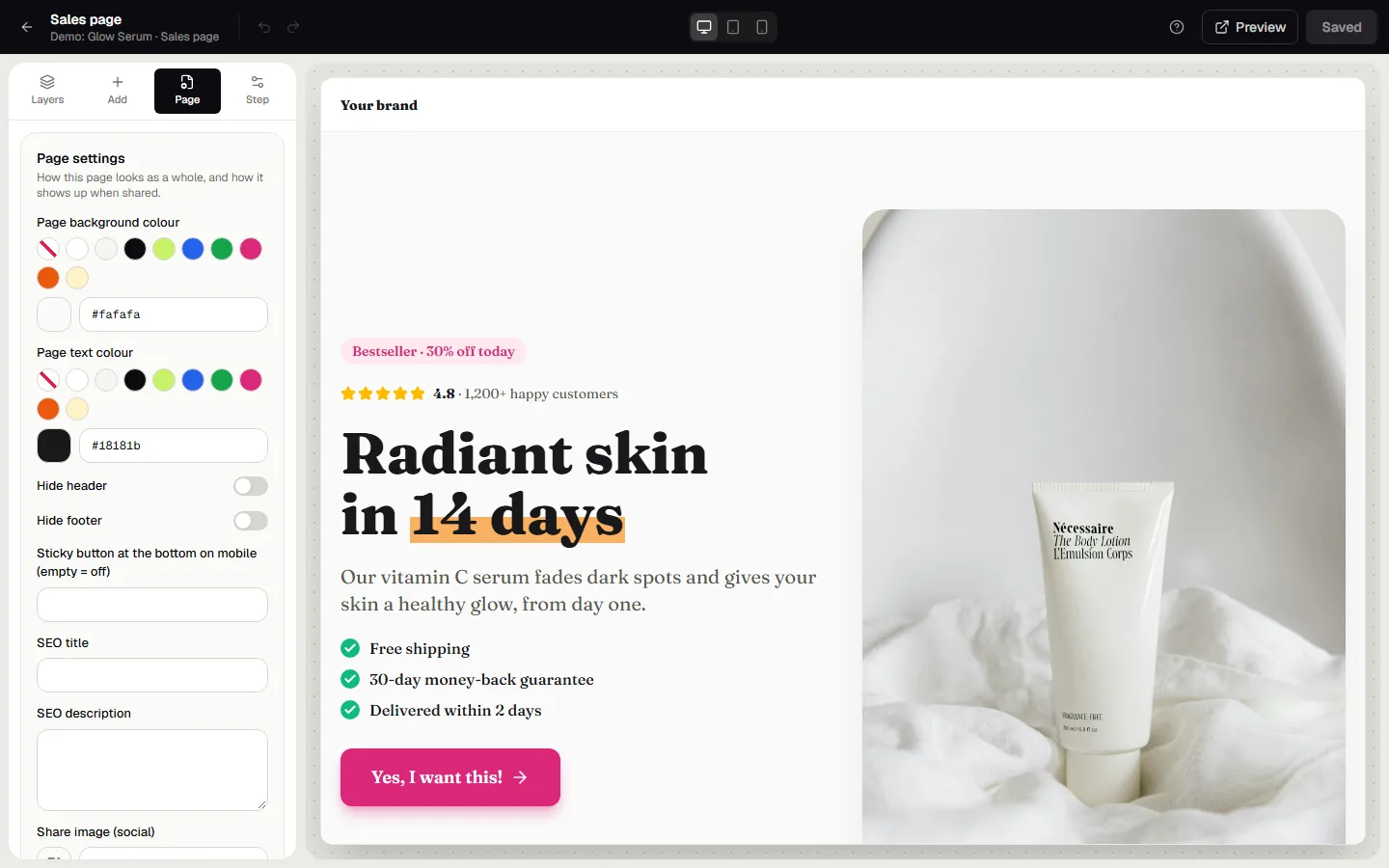 The Page tab in the editor
