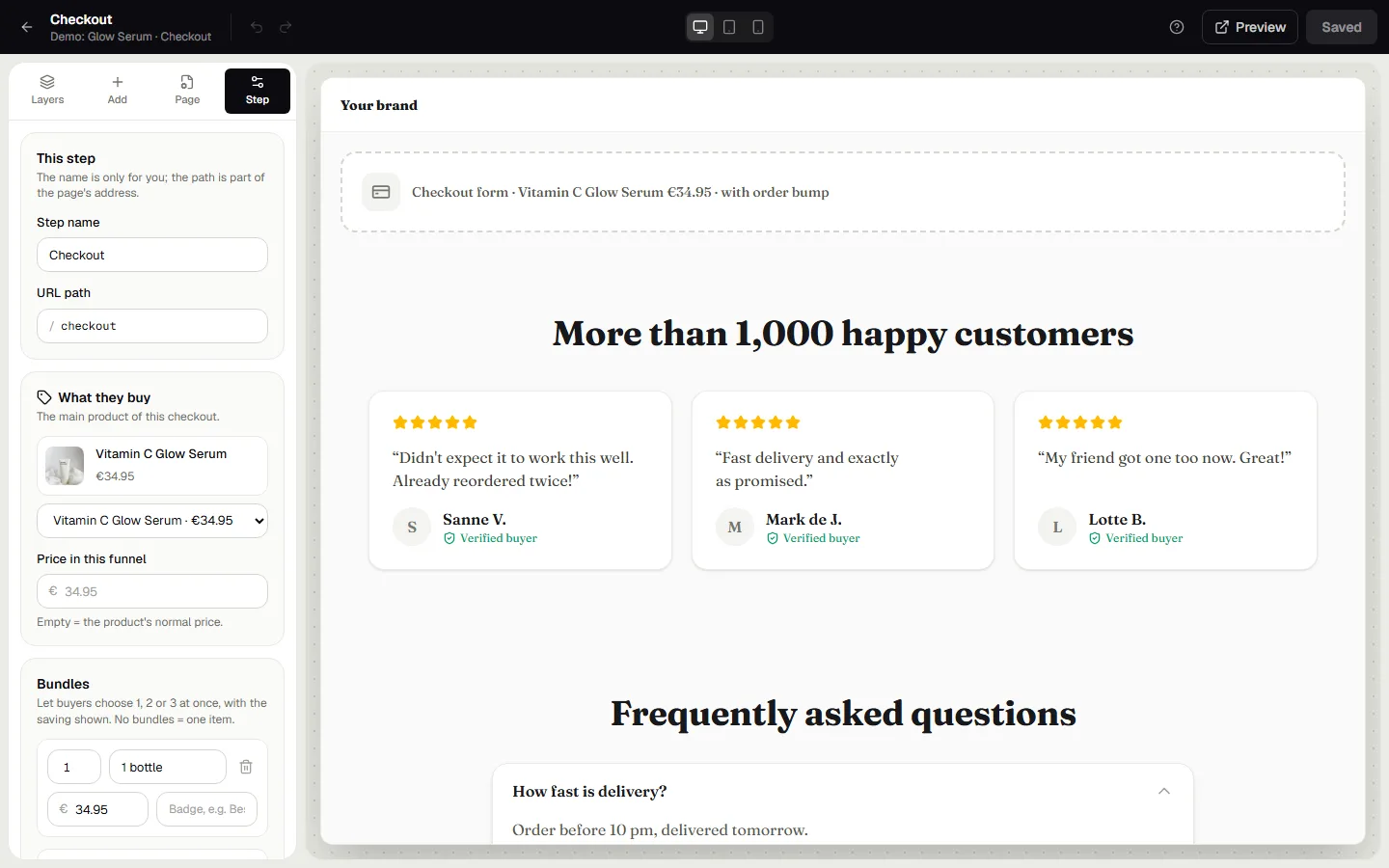 Step settings on a checkout: product, price, bundles and order bump