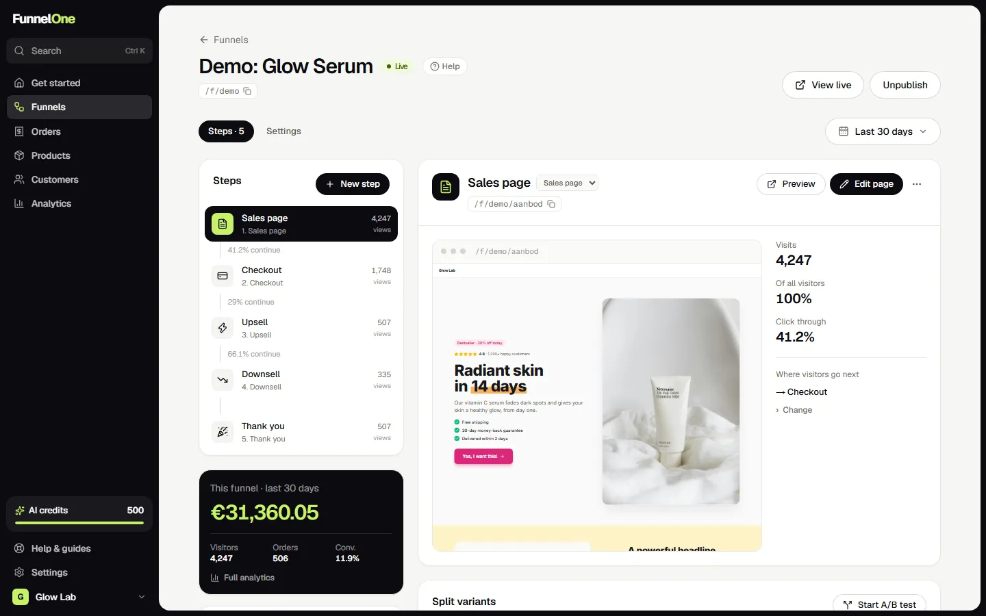 The funnel page: steps on the left, the selected step on the right