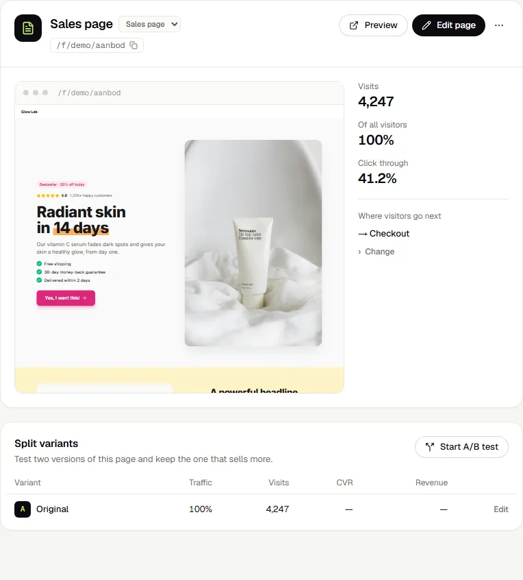Split variants on the funnel page